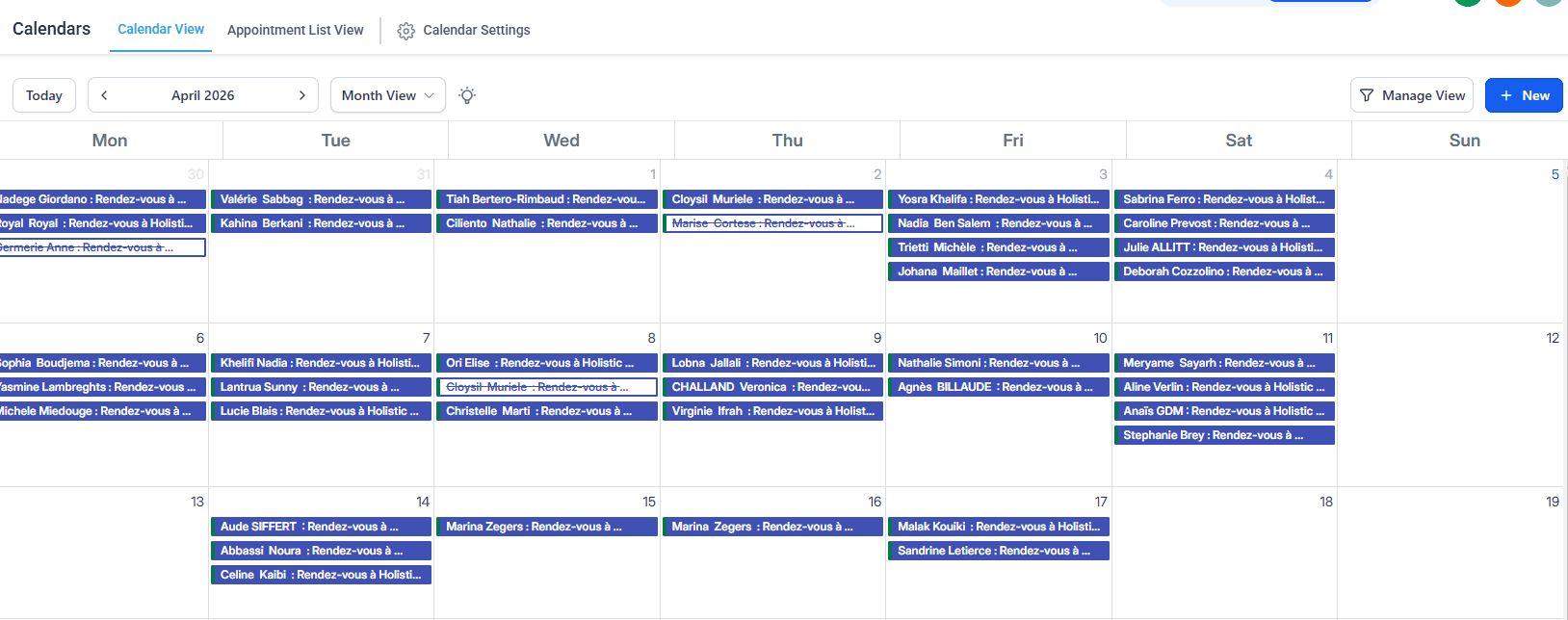 April 2026 — two weeks of appointments already on the calendar.