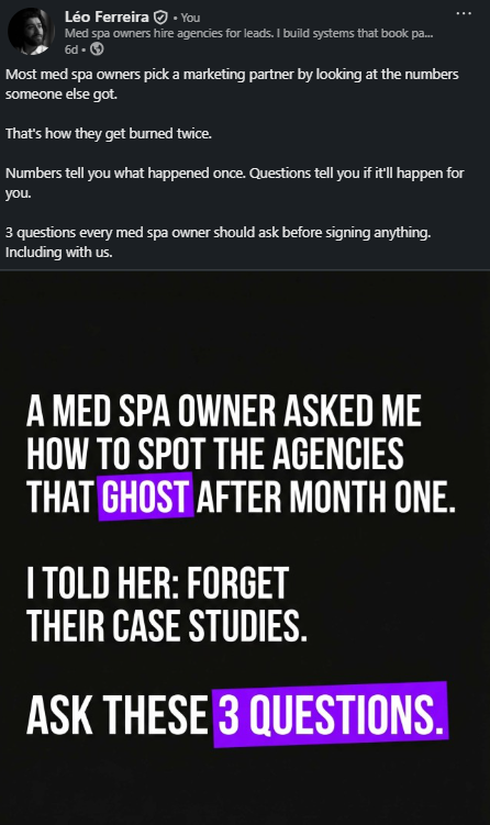 A med spa owner asked me how to spot the agencies that ghost after month one. I told her: forget their case studies. Ask these 3 questions.